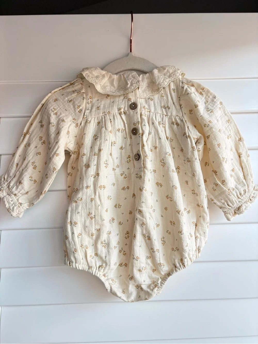Quincy Mae Cream Romper with Tiny Gold Floral Print